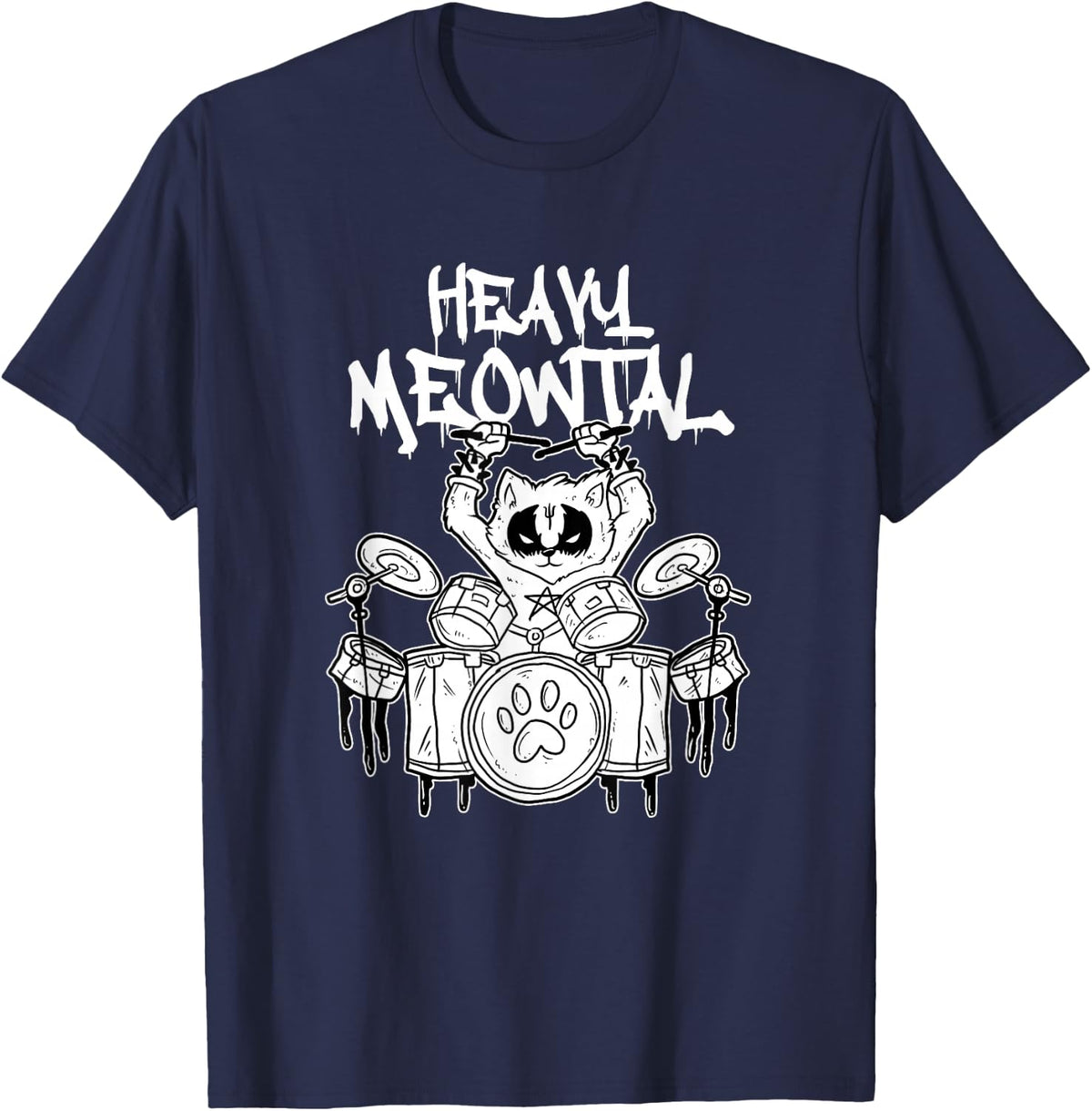 Heavy Meowtal Cat Heavy Metal Music T-Shirt - Navy Blue