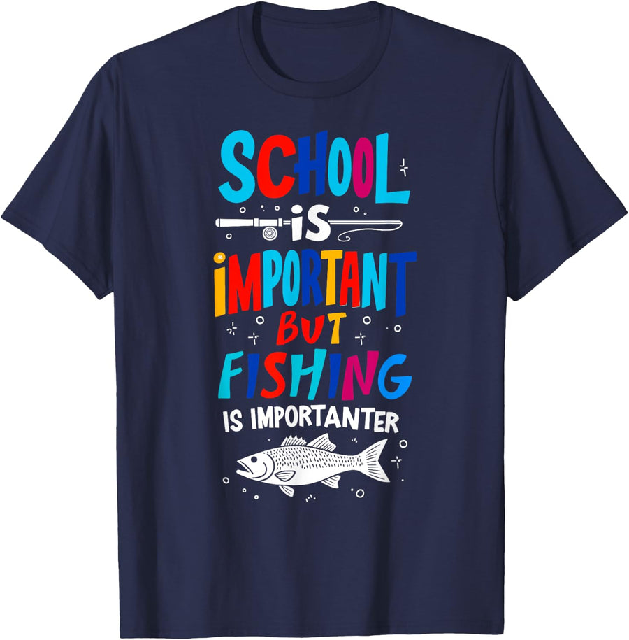 School is Important But Fishing is Importanter Fish Fan Kids T-Shirt - Navy Blue