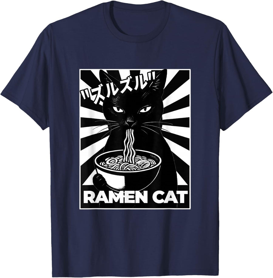 Ramen Cat Japanese Noir Radiant Poster Artwork T-Shirt - Navy Blue