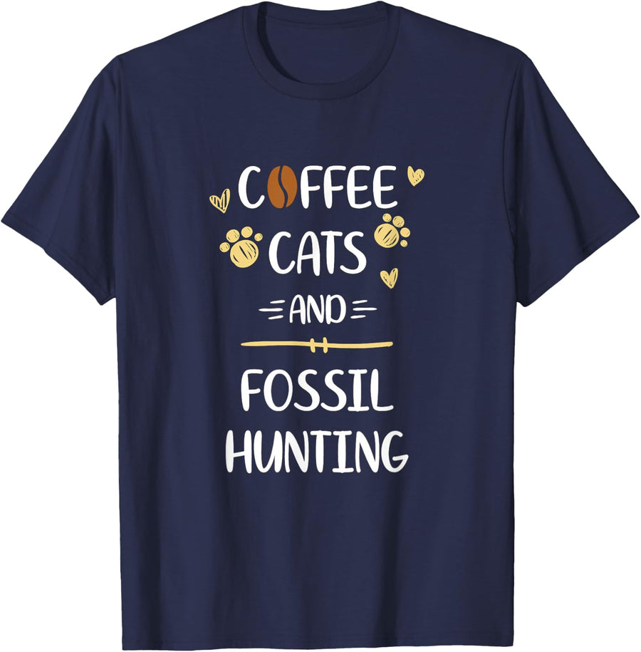 Coffee Cats & Fossil Hunting Fossils Collecting T-Shirt - Navy Blue