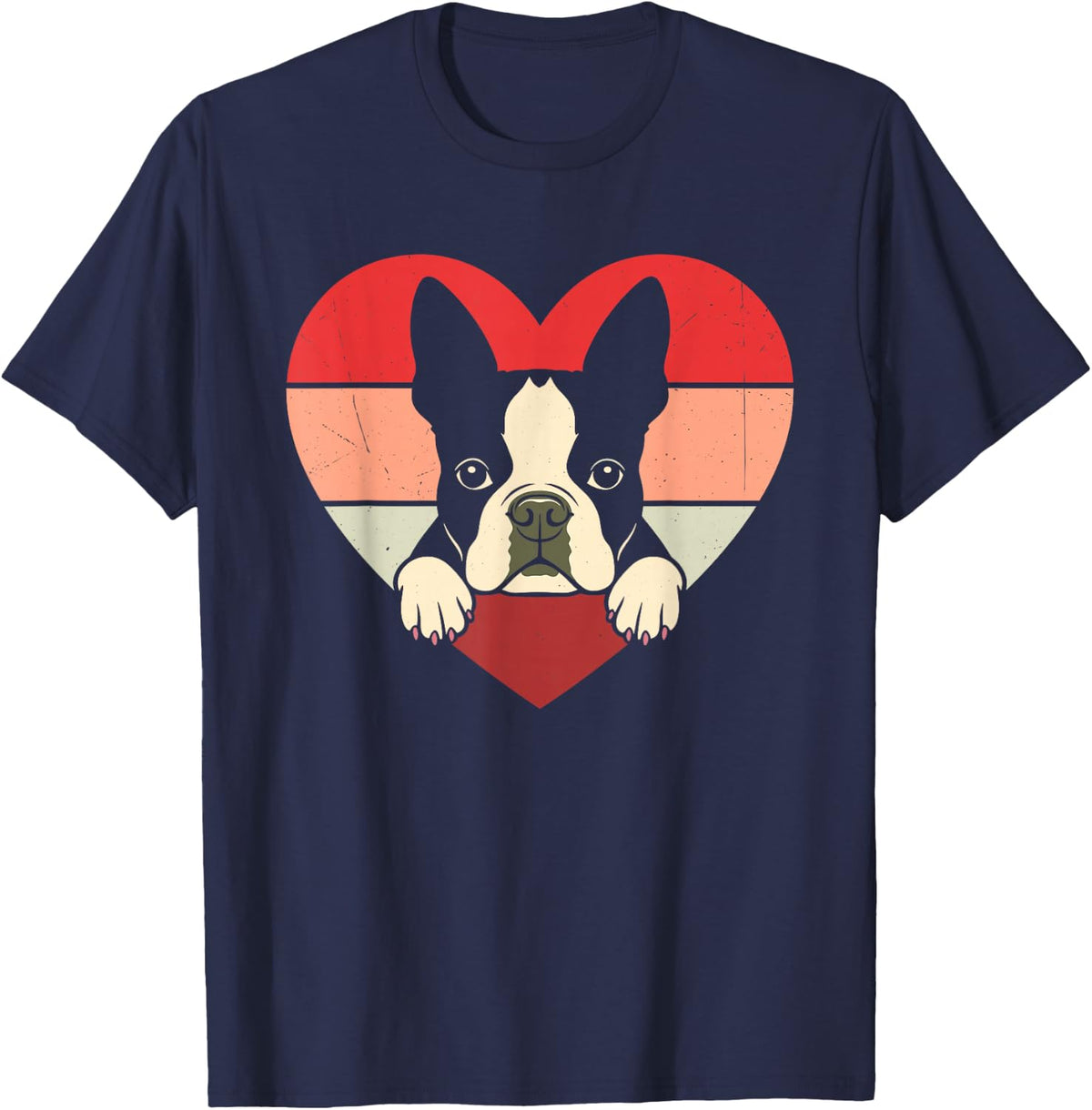 Retro Heart Boston Terrier Dog Vintage Valentine Tees T-Shirts For Women Men - Navy Blue
