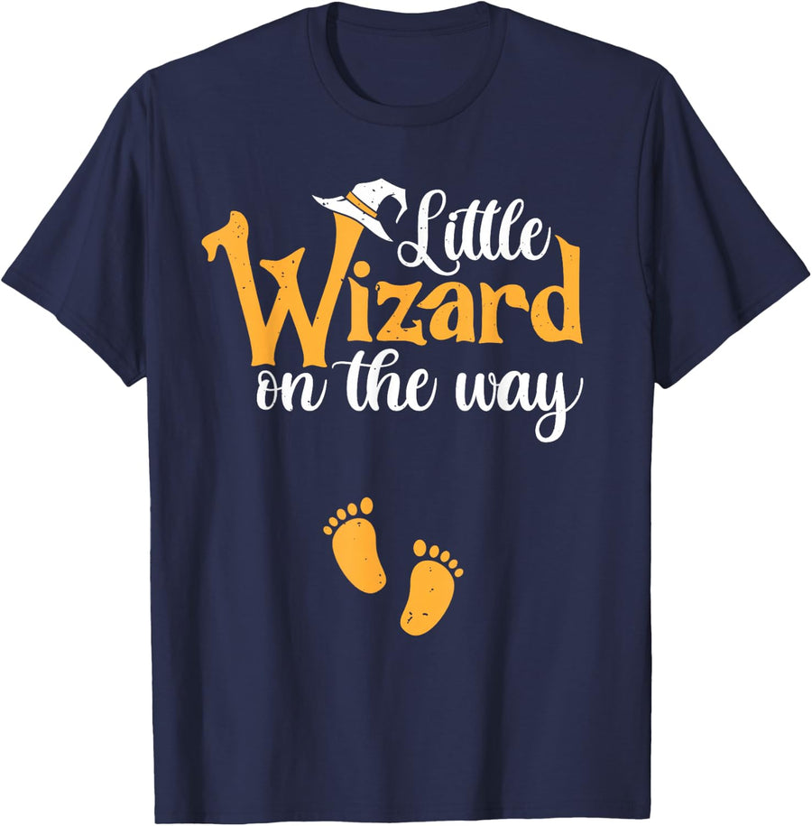 Little Wizard On The Way Spooky Halloween Pregnancy Reveal T-Shirt Tee For Expecting Mothers - Navy Blue