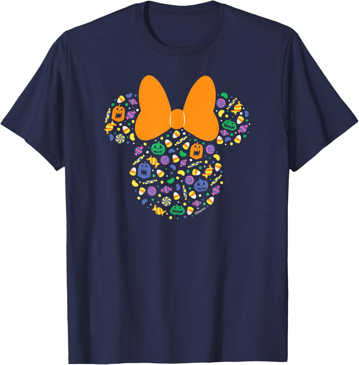 Disney Minnie Mouse Halloween Head Icon Pumpkins and Candy T-Shirt - Navy Blue
