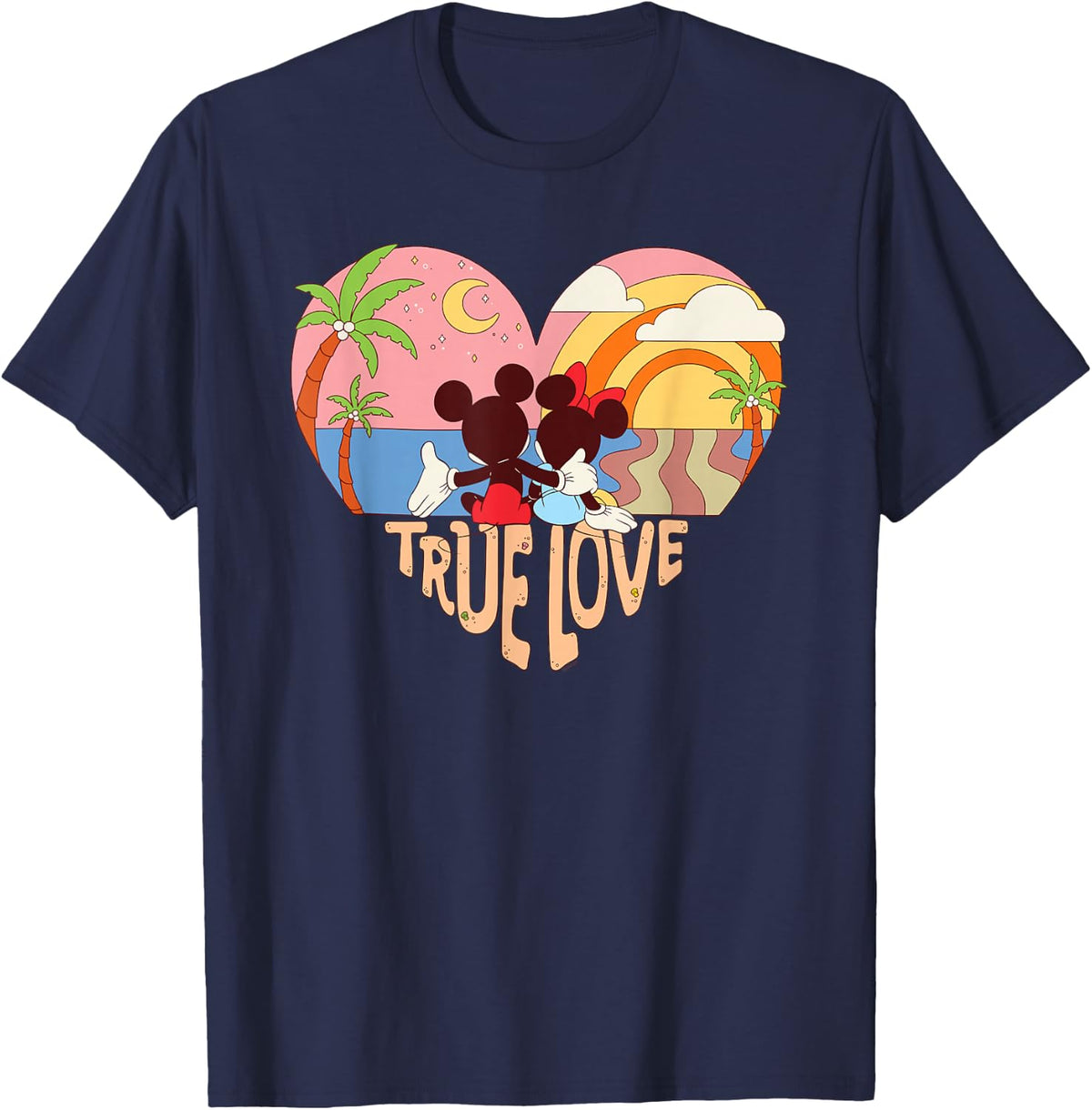 Disney Mickey & Minnie True Love Beach Sunset Heart T-Shirt - Navy Blue