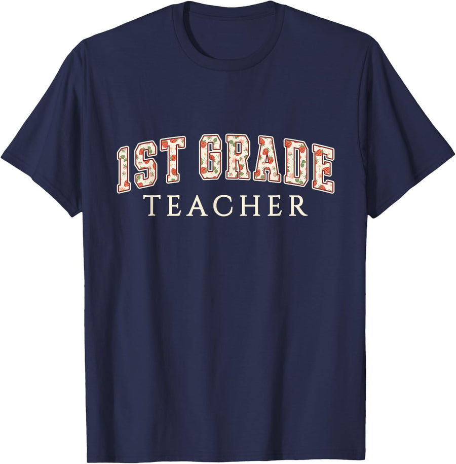 1st Grade Teacher Strawberry Varsity Letters First Grade T-Shirt - Navy Blue