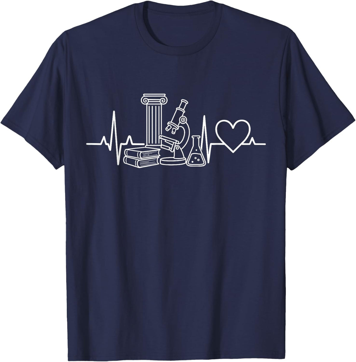 Science Academic Heartbeat Microscope Chemistry Line Art T-Shirt - Navy Blue