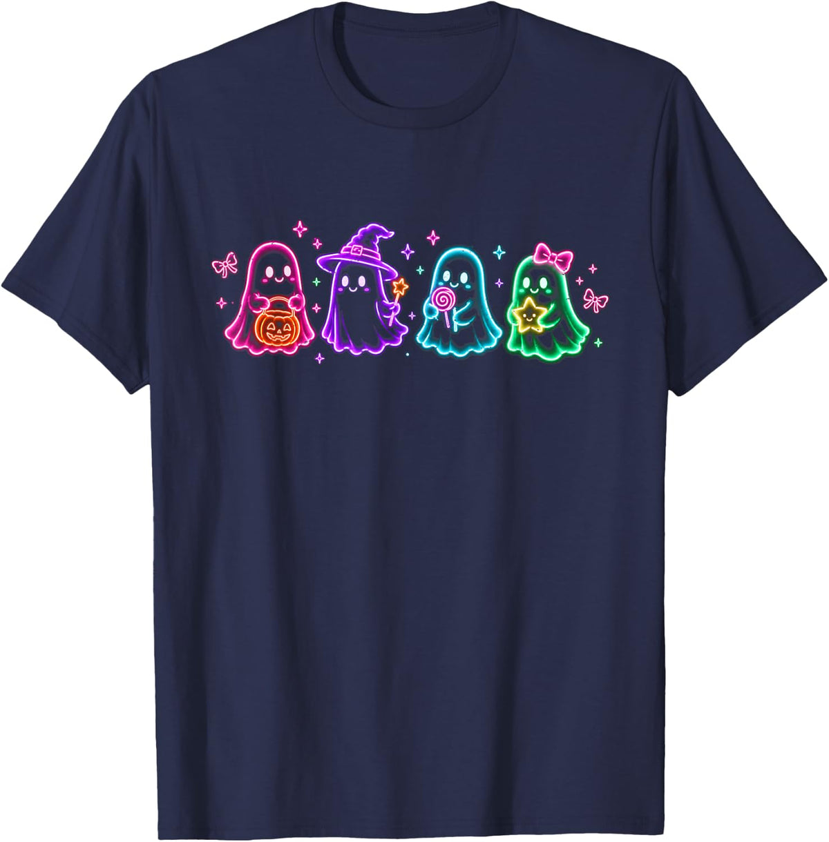 Halloween Cute Kawaii Ghost Graphic T-Shirt - Navy Blue