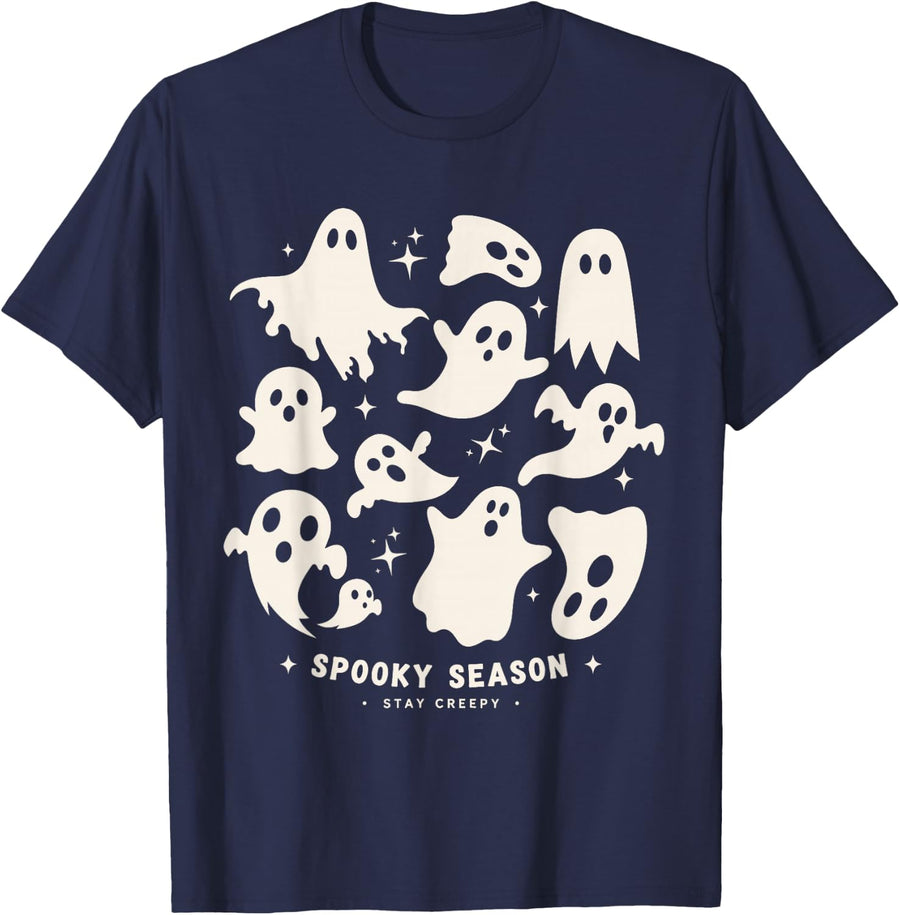 Spooky Season Cute Ghost Halloween Retro Creepy T-Shirt - Navy Blue
