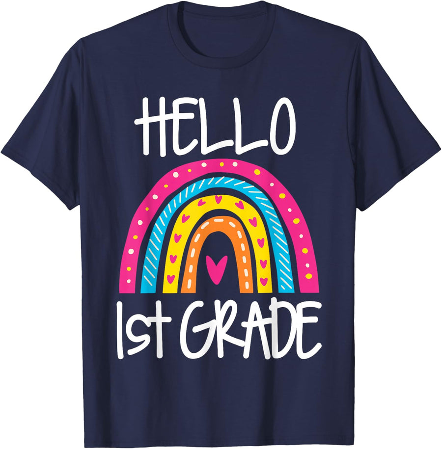 Hello First Grade Teacher Shirt Girls 1st Grade Tees T-Shirts Boho Rainbow First Day of School - Navy Blue