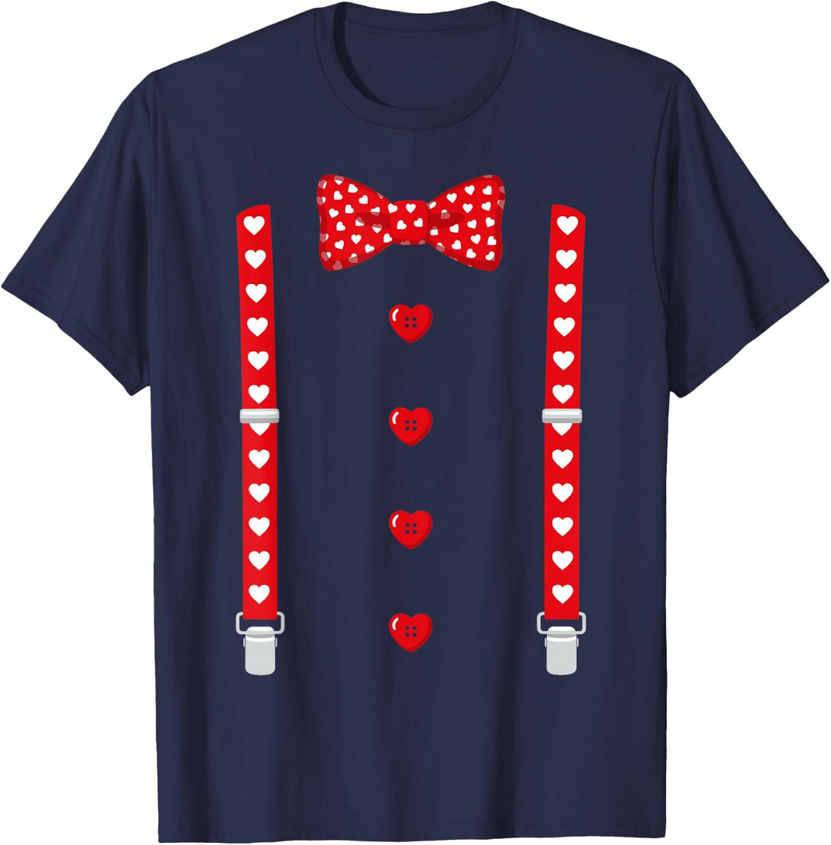 Red Hearts Bow Tie Suspenders Tuxedo Valentines Day Costume T-Shirt - Navy Blue