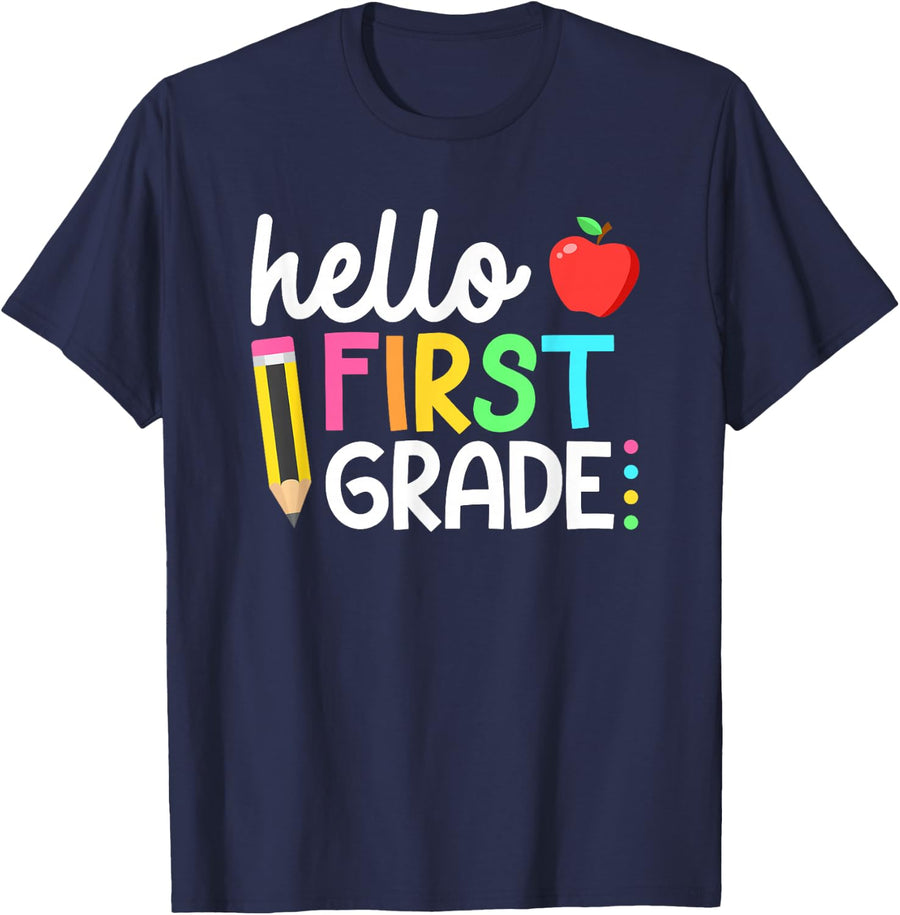 Hello First Grade Team 1st Grade Back to School Teacher Kids T-Shirt - Navy Blue