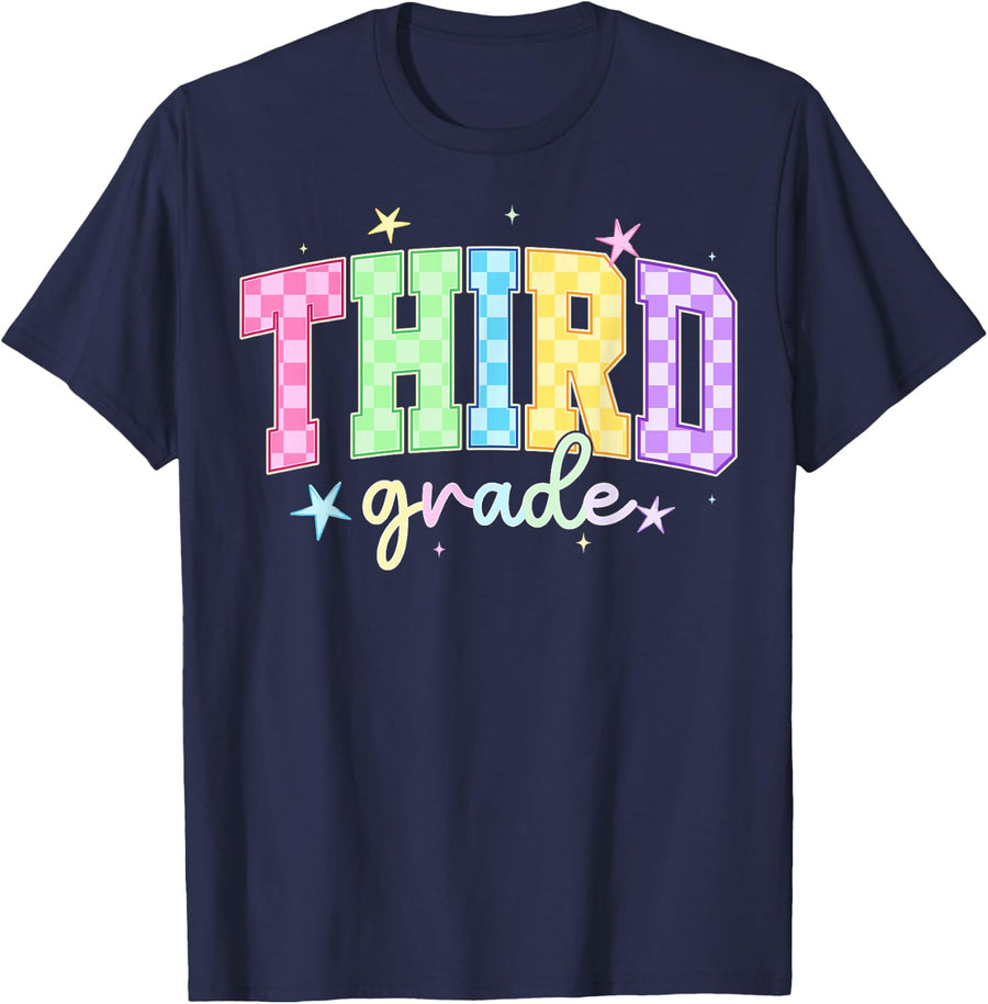 Third Grade Team Teacher T-Shirt Checkered Back to School Tees for Teachers Students - Navy Blue