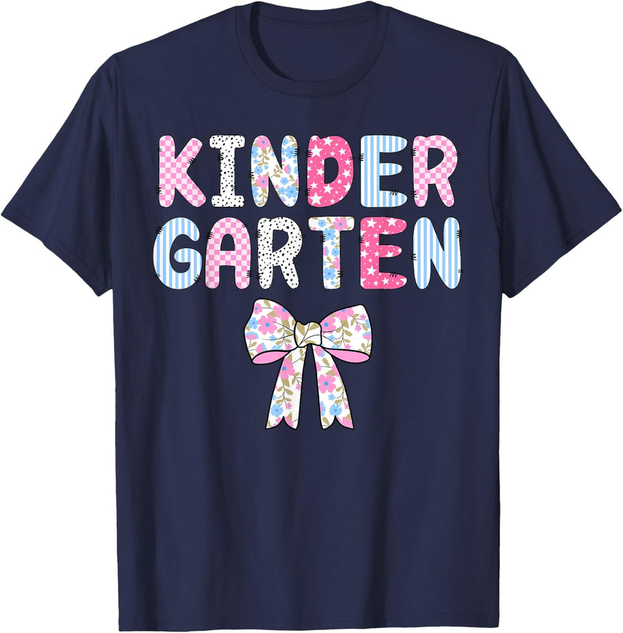 Preppy Kindergarten Coquoette Bow Back To School Teacher T-Shirt - Navy Blue