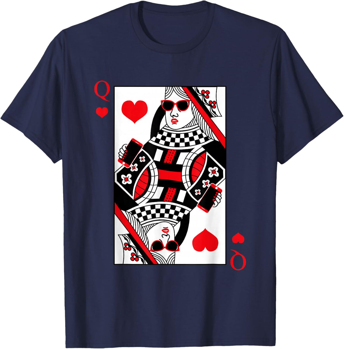 Modern Cool Queen Of Hearts Card Red Sunglasses Graphic T-Shirt - Navy Blue