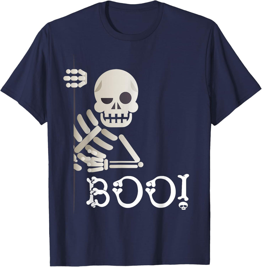 Boo Spooky Kids Cute Costume Funny Halloween Skeleton T-Shirt - Navy Blue