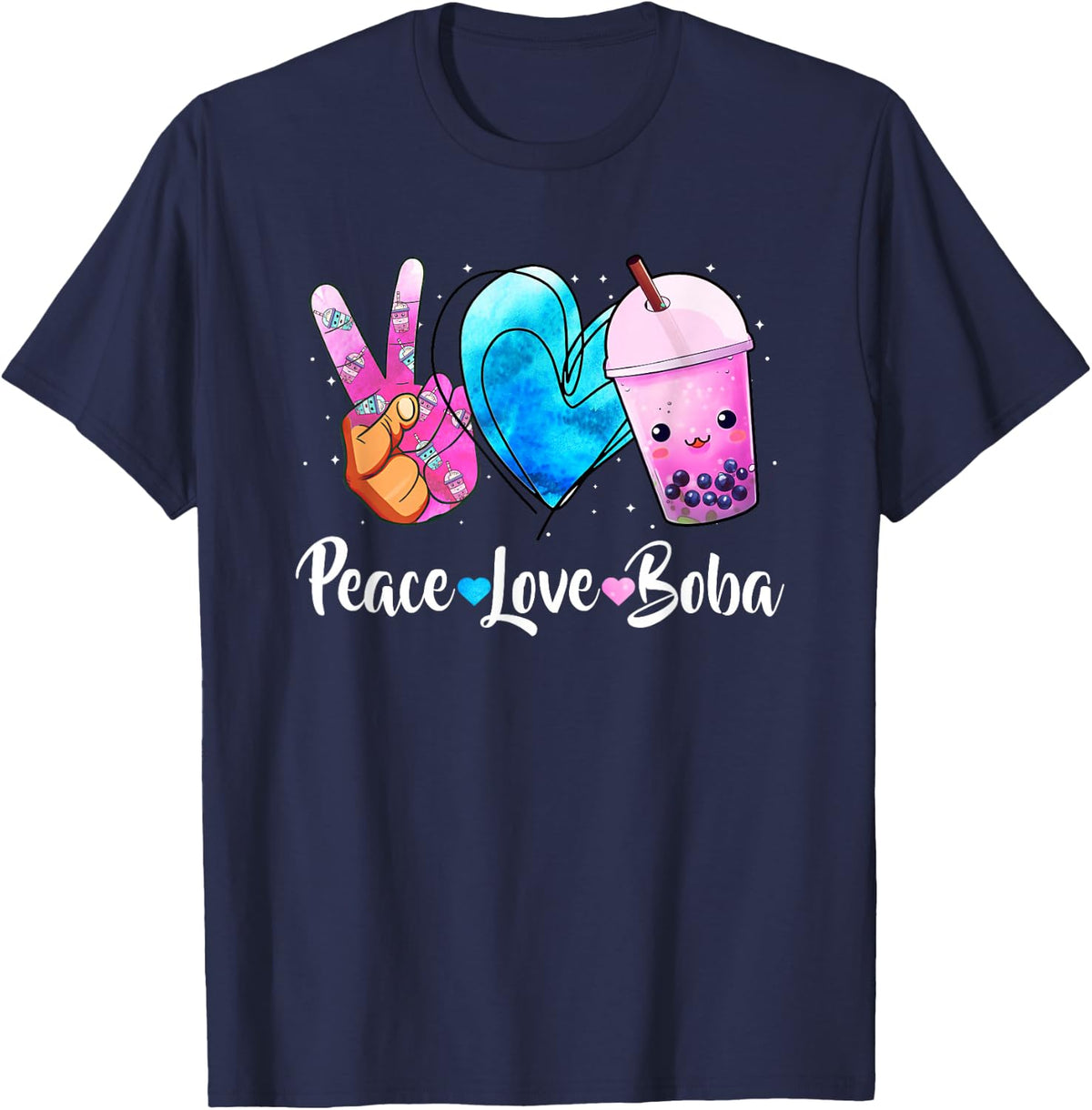 Peace Love Boba Bubble Tea Cute T-Shirt For Teen Girls Kawaii Japanese Tees - Navy Blue