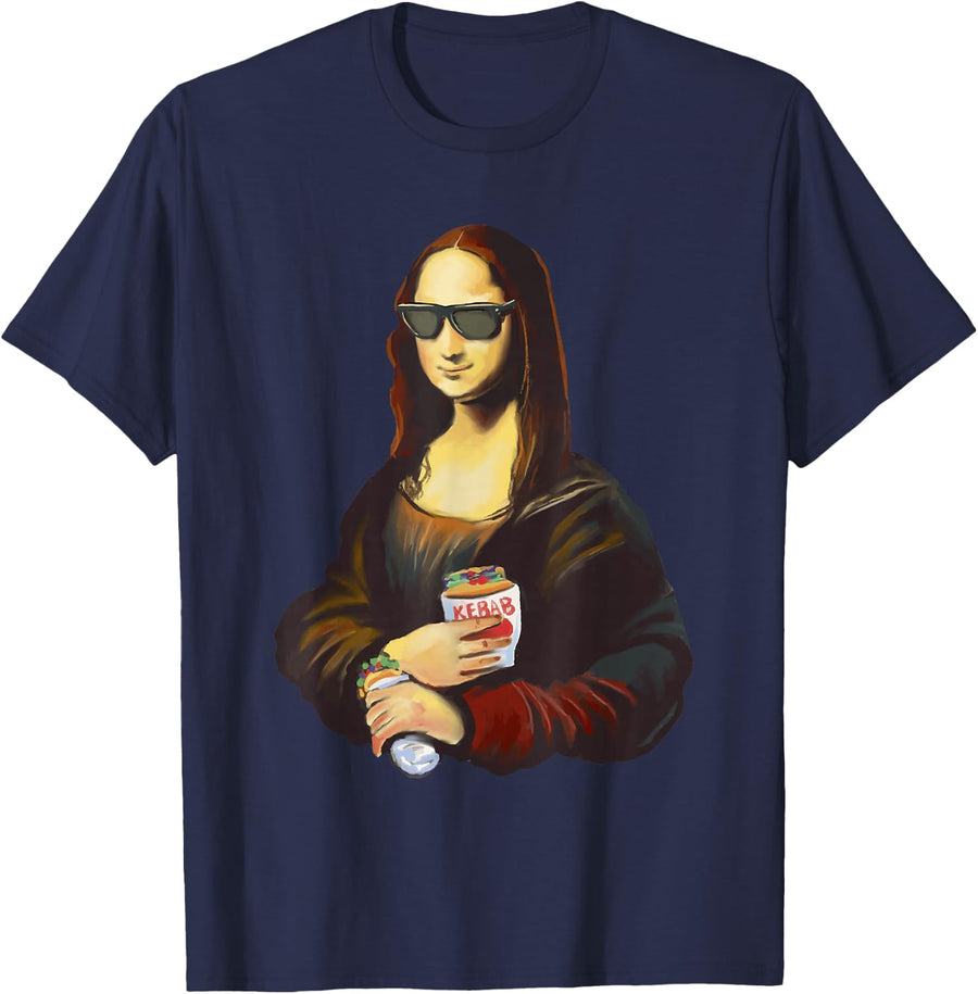 Mona Lisa Leonardo da Vinci Sunglass Kebab Art Painting T-Shirt - Navy Blue