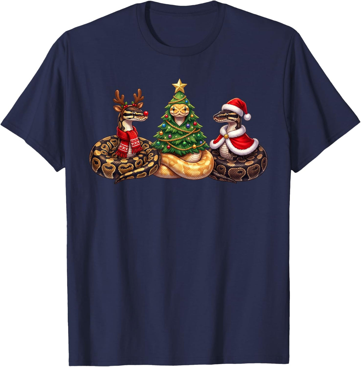 Retro Christmas Ball Python Santa Reindeer Animal Lover T-Shirt - Navy Blue
