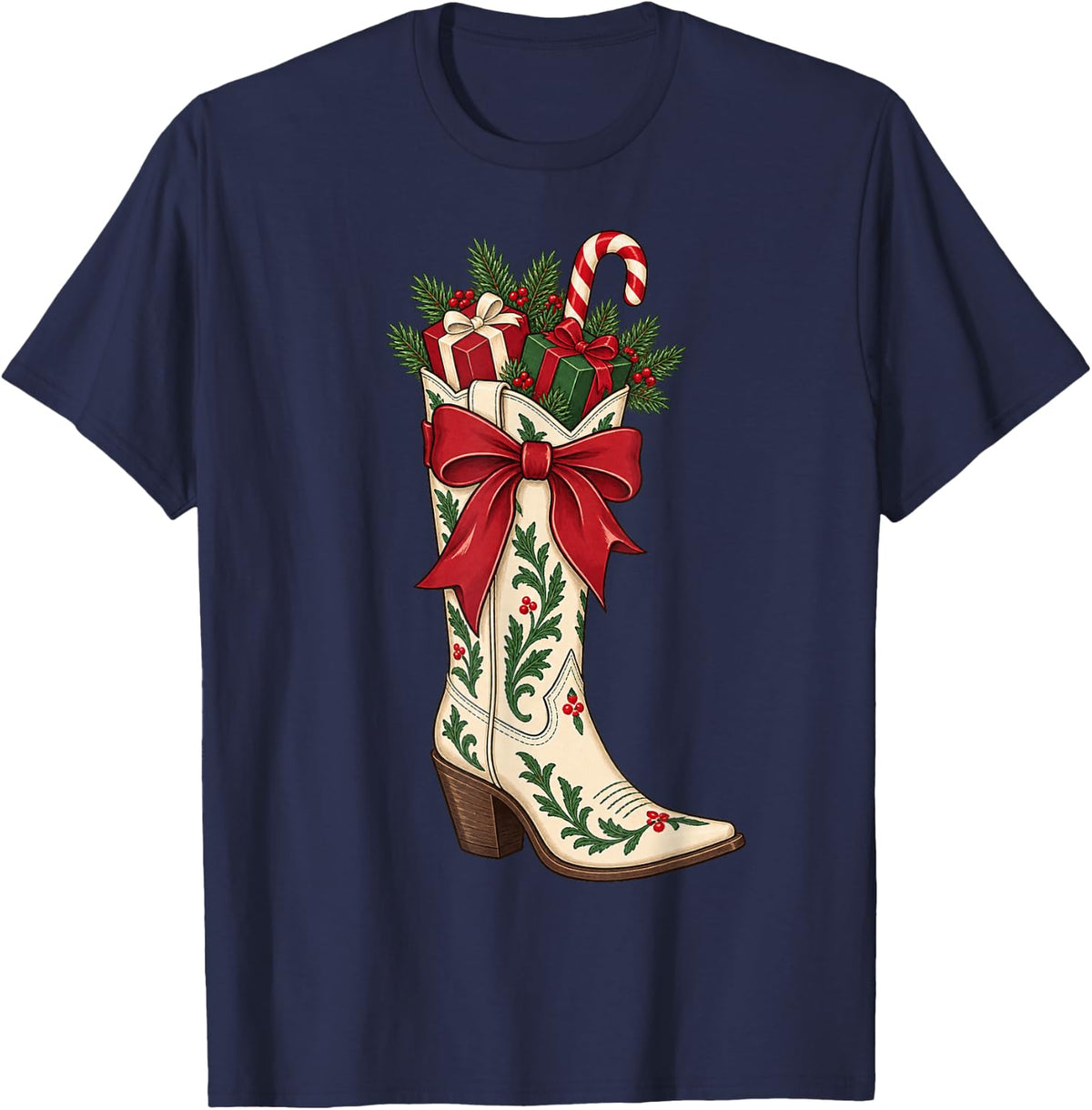 Cowgirl Christmas Boot Stocking Candy Canes Bow T-Shirt - Navy Blue