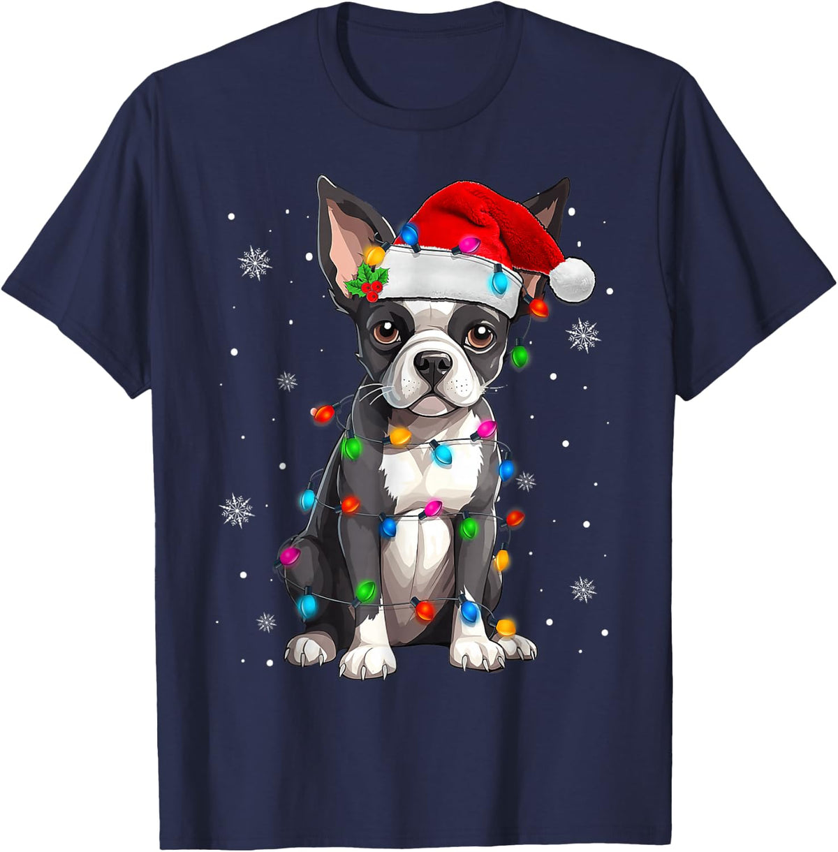 Boston Terrier Christmas Santa Hat T-Shirt Tee Pajama Tree Lights Dog Tees - Navy Blue