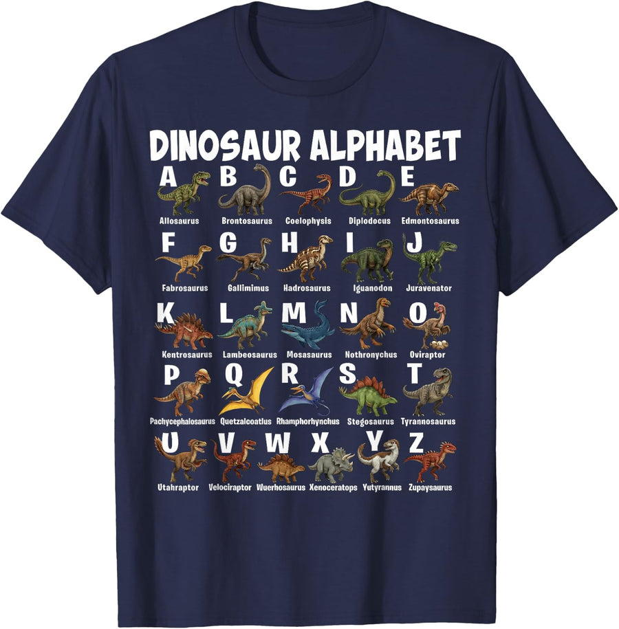 Types of Dinosaurs Alphabet A-Z Dino Tees T-Shirts for Girls Boys Kids - Navy Blue