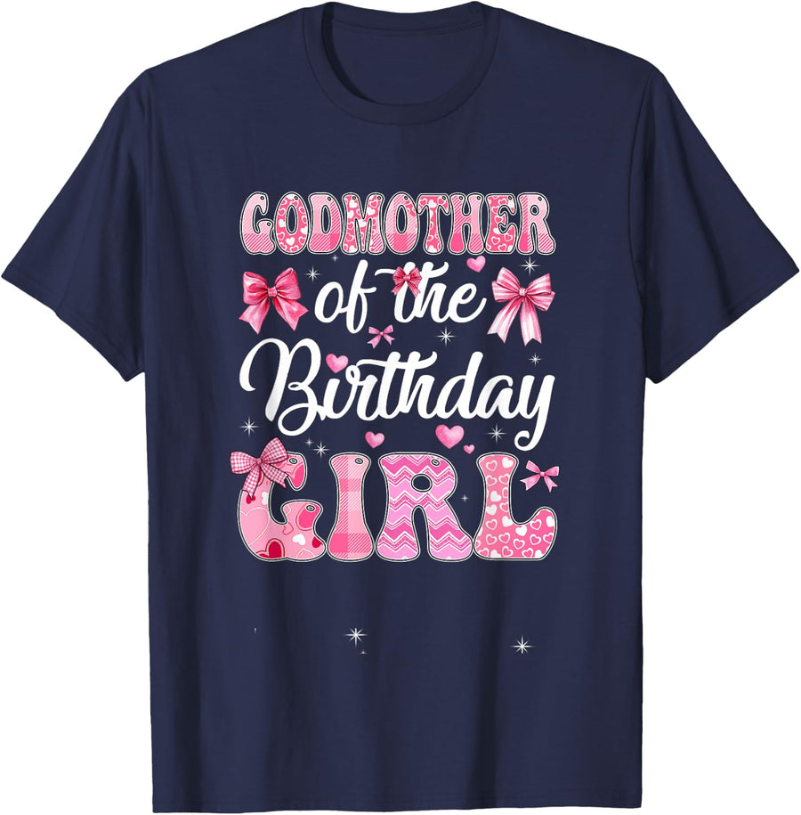 Godmother Of The Birthday Girl Family Pink Coquette Bow T-Shirt - Navy Blue