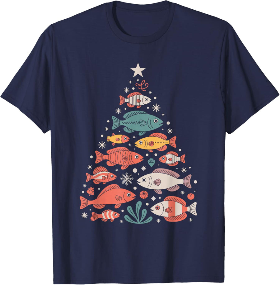 Merry Fishmas Fishing Tree Lights Funny Angler T-Shirt - Navy Blue