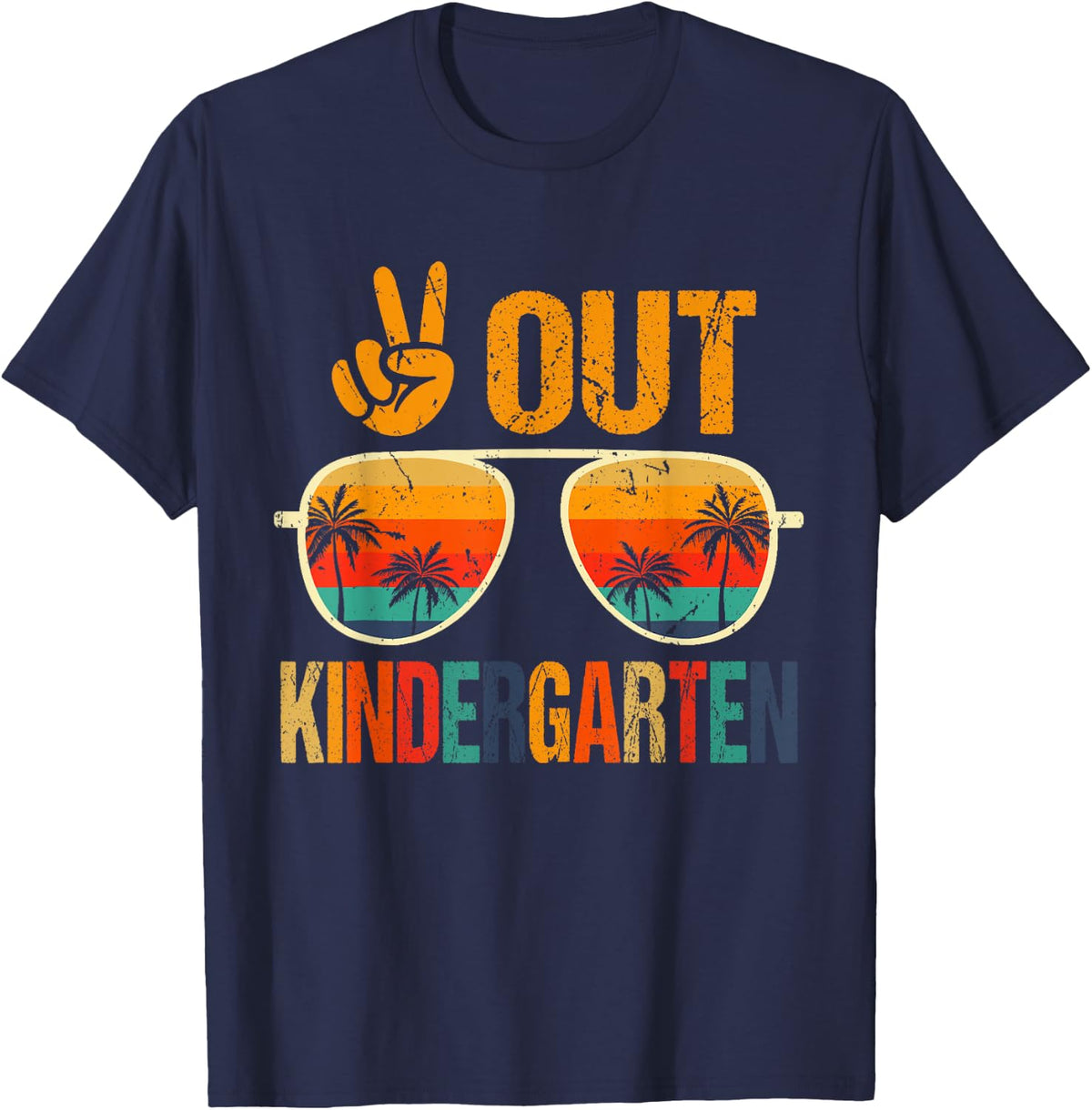 Peace Out Kindergarten Retro Groovy Happy Last Day Of School T-Shirt - Navy Blue