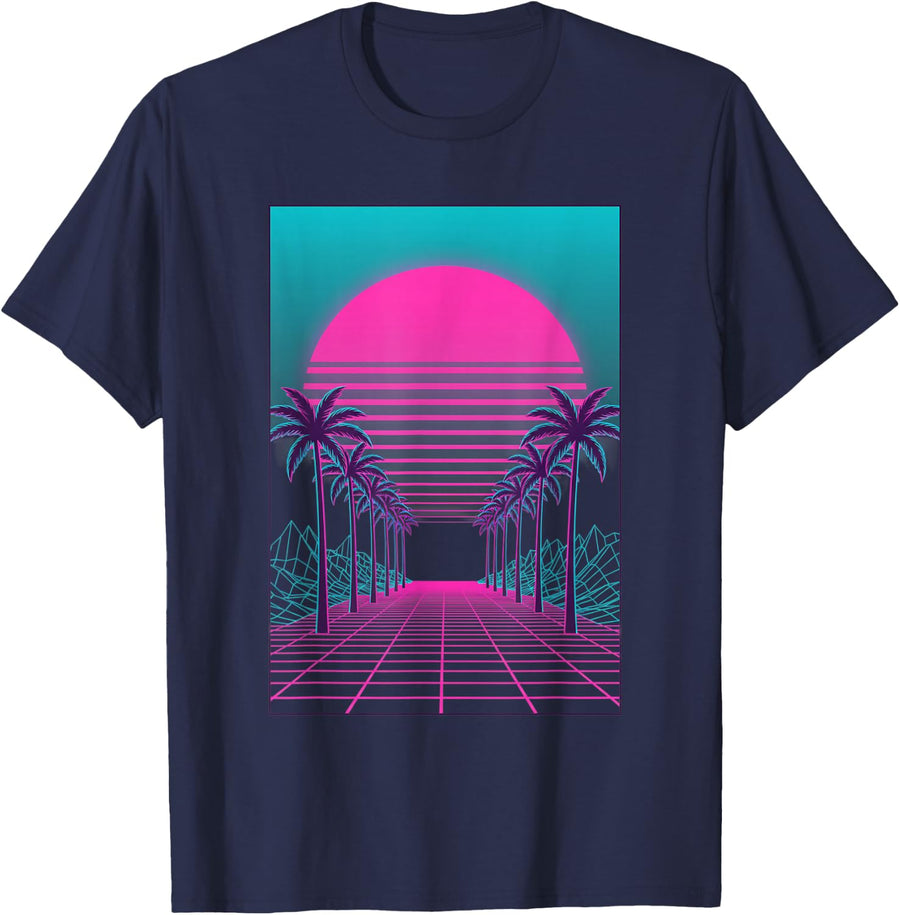 Retro Vaporwave Sunset Palm Trees Synthwave Nostalgia T-Shirt - Navy Blue