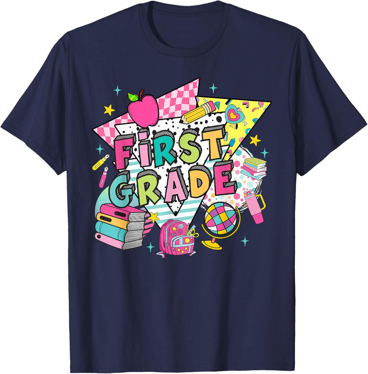 First Grade Teachers Students Retro 90s Back To School T-Shirt - Navy Blue