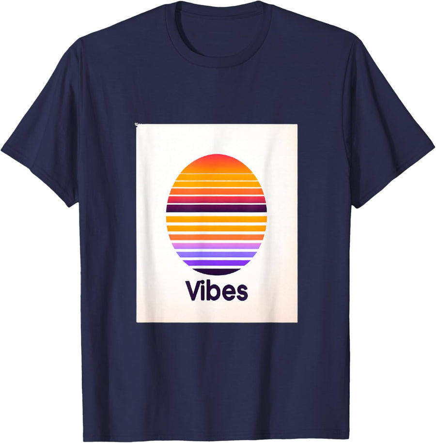 Vibes Retro Sunset 80s Synthwave T-Shirt - Navy Blue