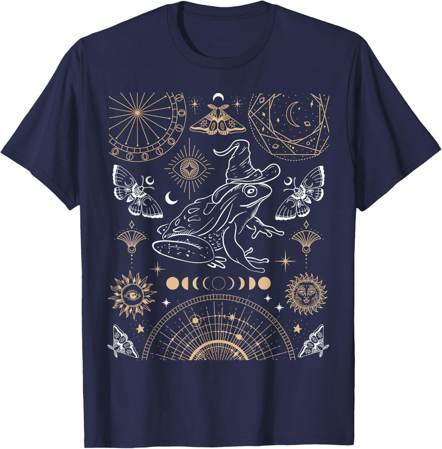 Frog Wizard Hat Moon Dark Academia Aesthetic Cottagecore T-Shirt - Navy Blue