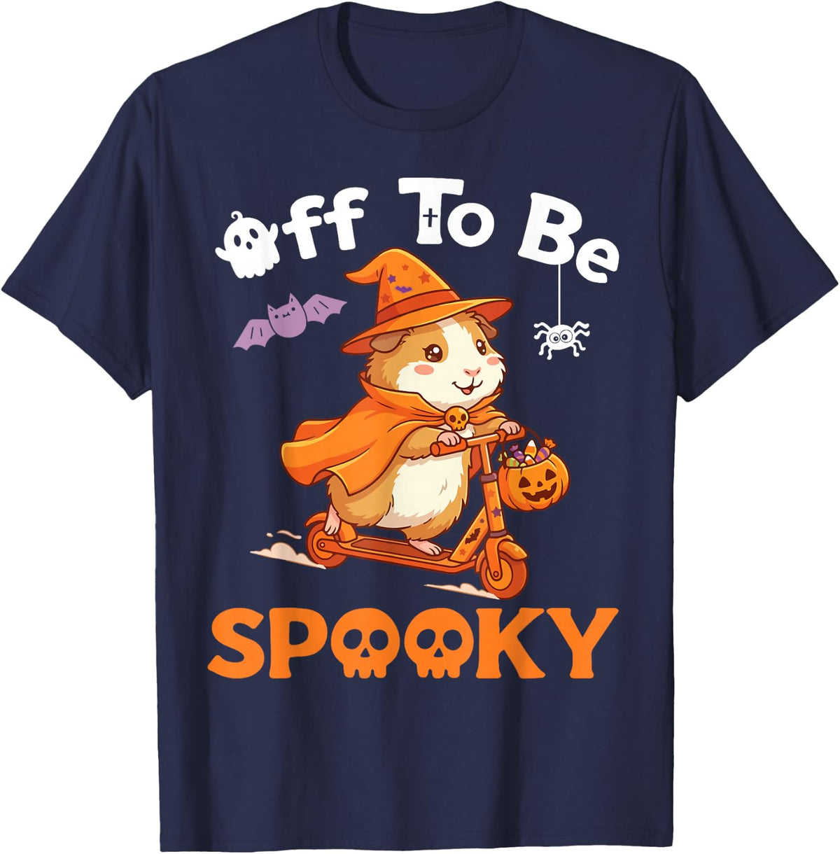 Off to Be Spooky Guinea Pig Witch Riding Scooter Halloween T-Shirt - Navy Blue
