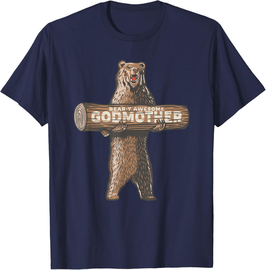 Bear-y Awesome Godmother Funny Saying Tee T-Shirt For Women Men - Navy Blue