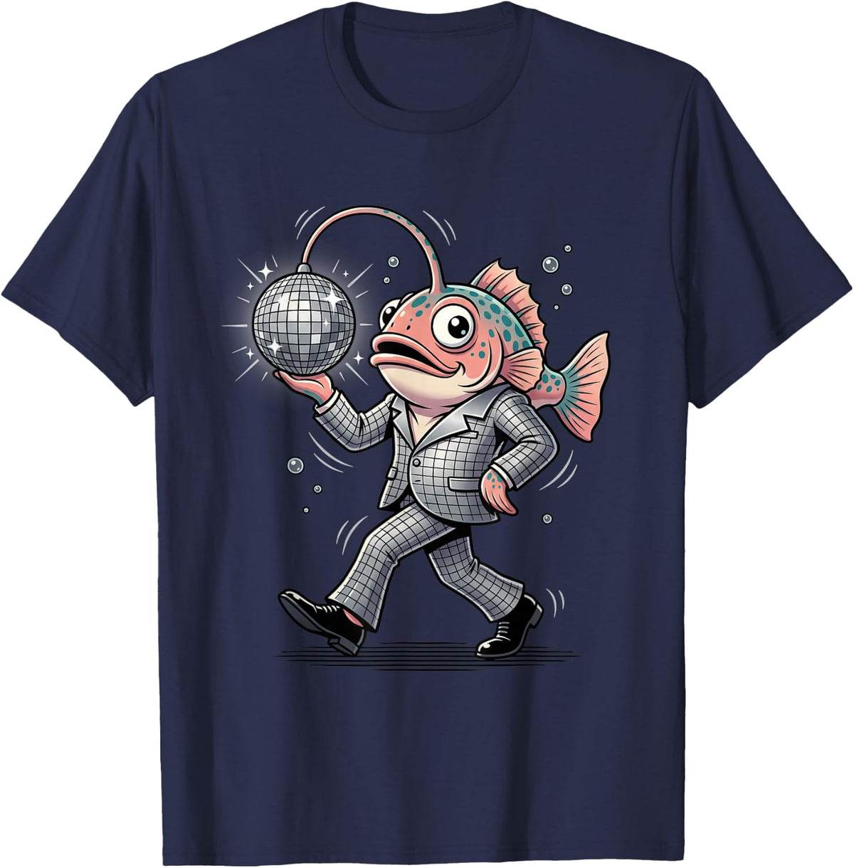 Disco Anglerfish Dancing in Suit Retro Deep Sea Party T-Shirt - Navy Blue