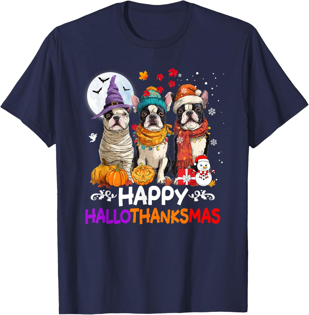 Boston Terrier Dog Hallothanksmas Halloween Thanksgiving T-Shirt - Navy Blue
