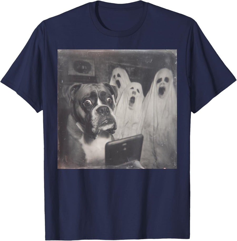 Boxer Ghost Funny Halloween, Scary Dog Spooky Season T-Shirt - Navy Blue