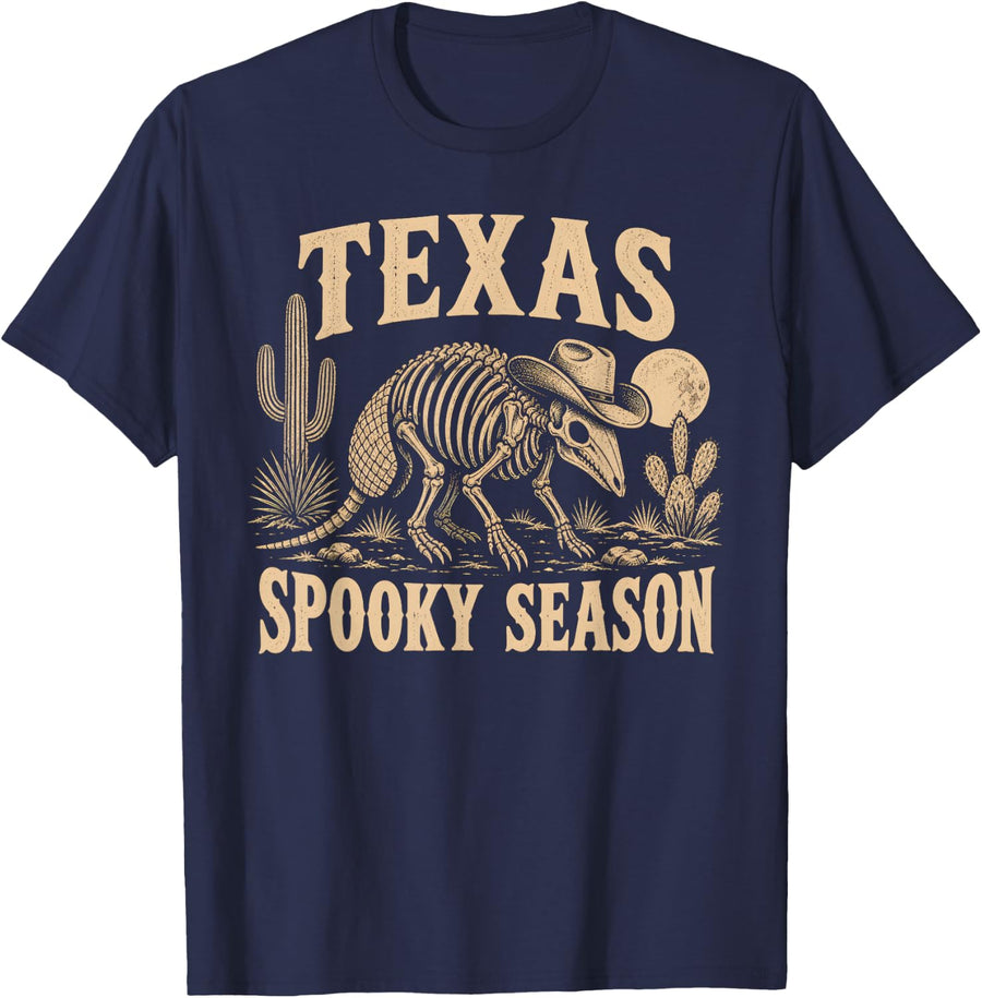 Texas Spooky Season Armadillo Skeleton Halloween T-Shirt - Navy Blue