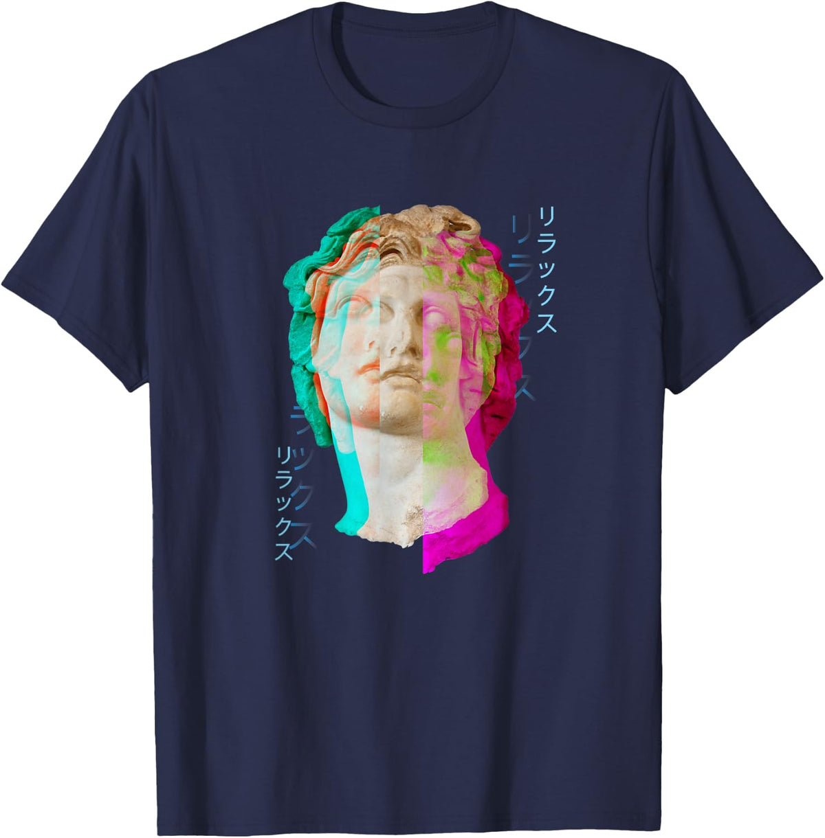 Vaporwave Aesthetic Glitch Greek Statue Retrowave Synthwave Tees T-Shirts - Navy Blue