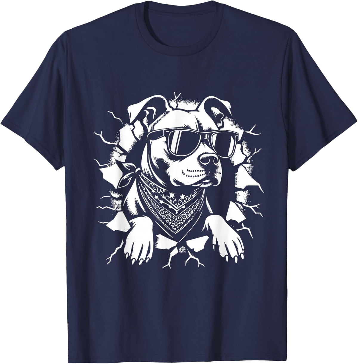 Cool American Pitbull Terrier Dog Sunglasses Graphic Design T-Shirt - Navy Blue