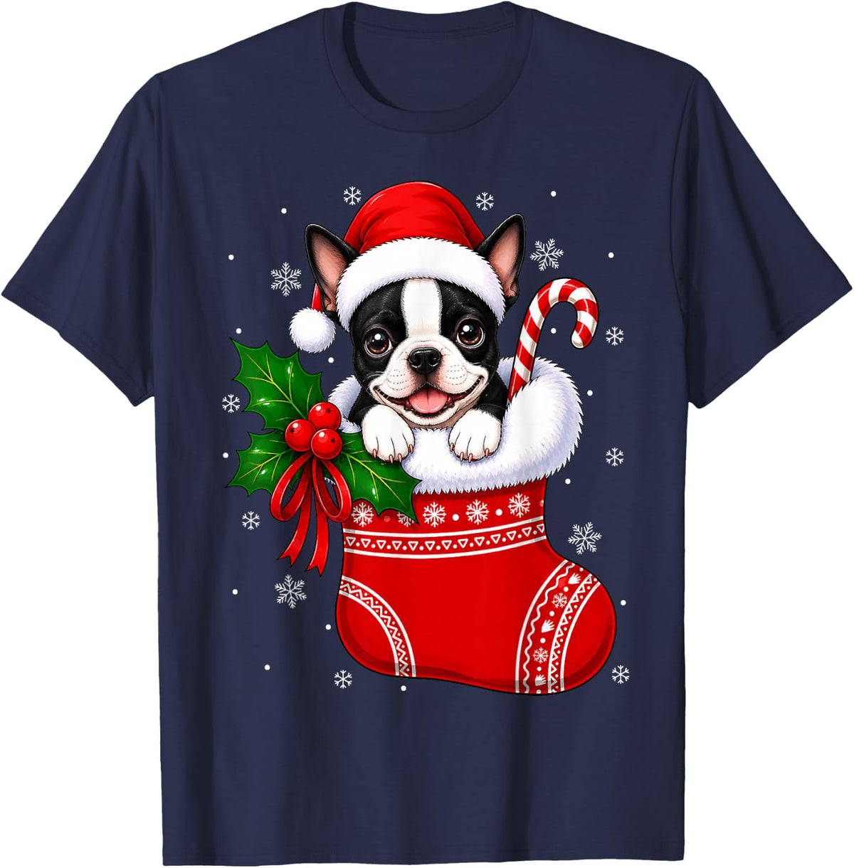 Boston Terrier Dog Christmas Stocking Cute Festive Xmas T-Shirt - Navy Blue