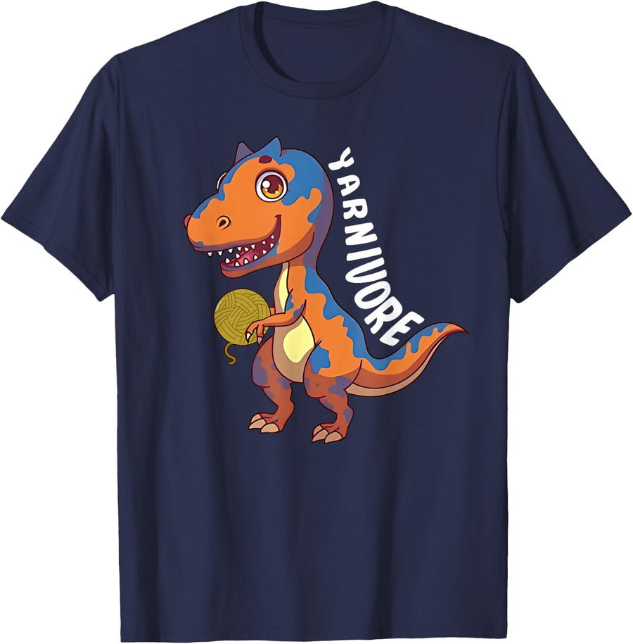 Yarnivore Knitting And Crochet Dinosaur T-Shirt - Navy Blue