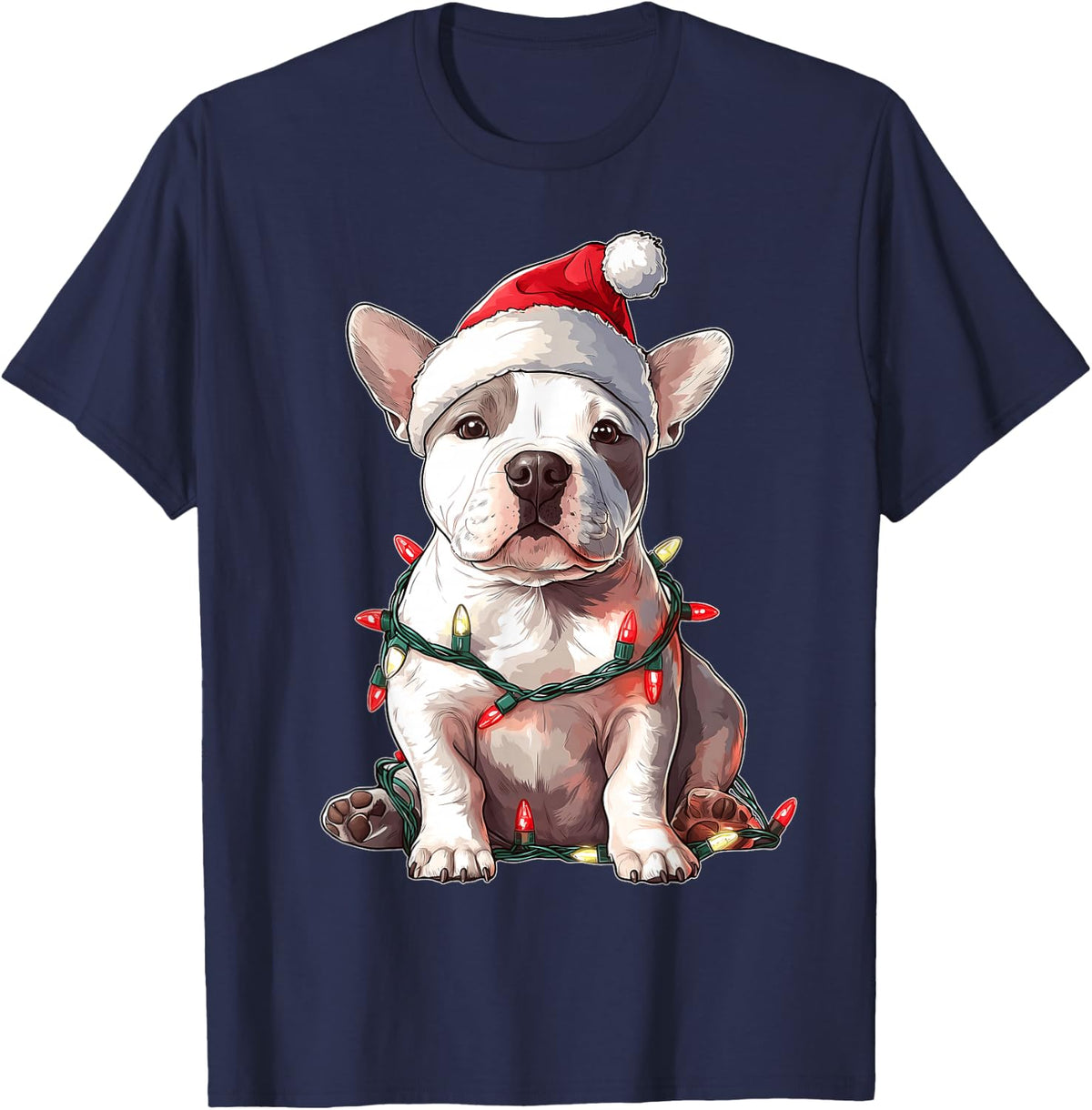 Cute American Bull Terrier Dog Christmas Hat Xmas T-Shirt - Navy Blue