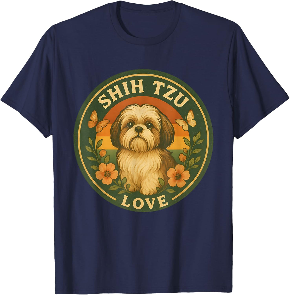 Retro Vintage Floral Shih tzu mom dad Dog Valentines Day T-Shirt - Navy Blue