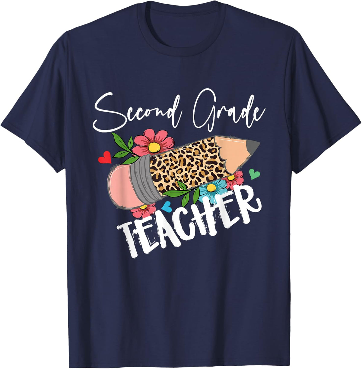 Second Grade Teacher Shirt Leopard Pencil 2nd Grade Tees T-Shirts For Women - Navy Blue