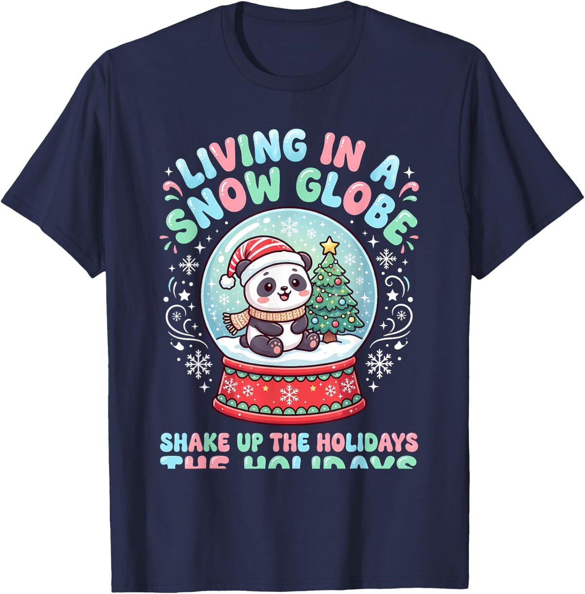 Living in A Snow Globe Panda Christmas Graphic T-Shirt - Navy Blue