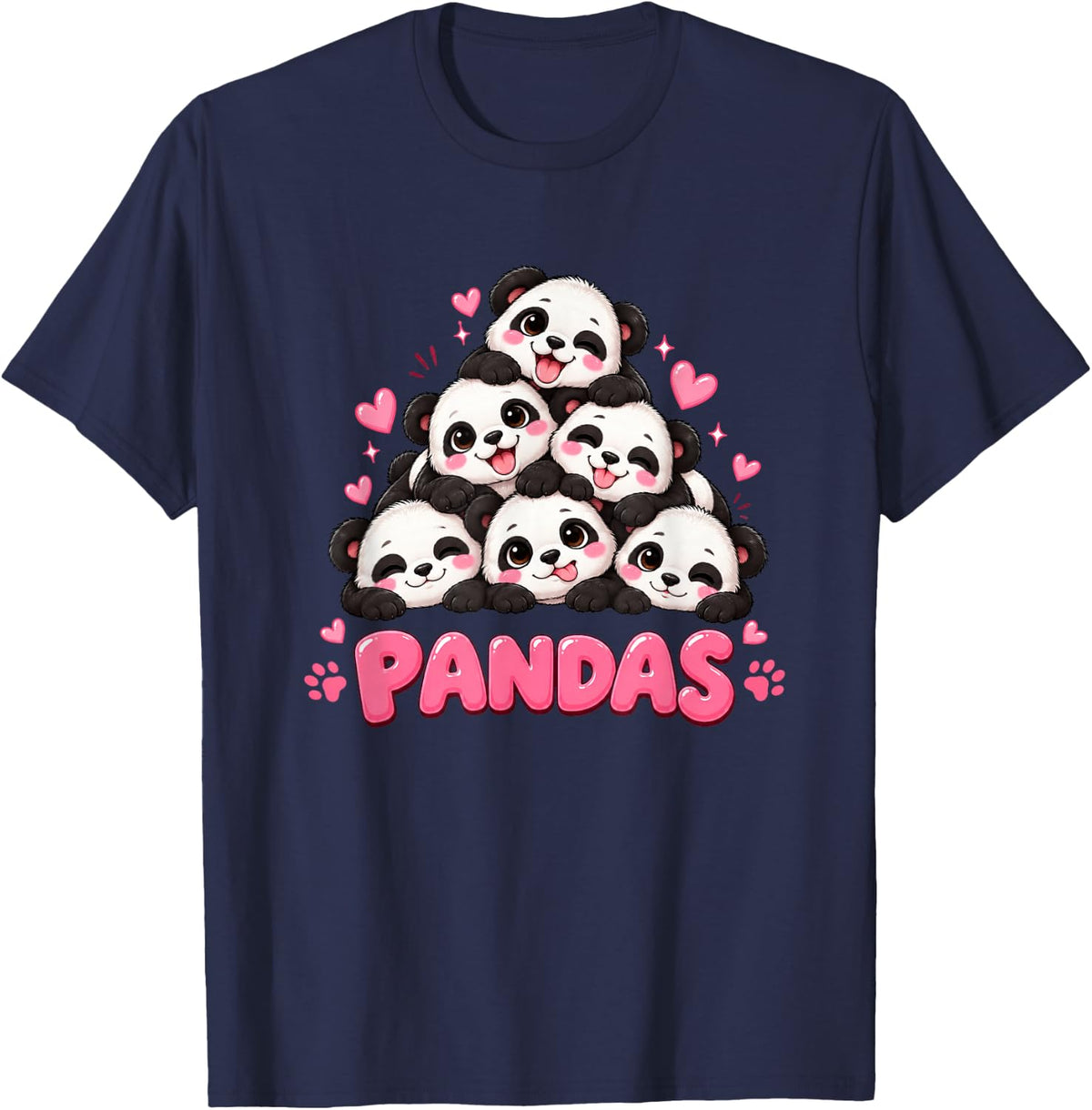 Cute Pandas Animal Lover Cartoon Design T-Shirt - Navy Blue
