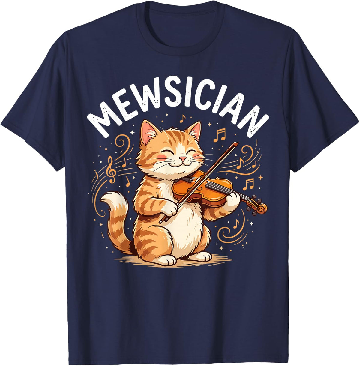 Mewsician Funny Orange Cat Playing Violin Music Pun T-Shirt - Navy Blue