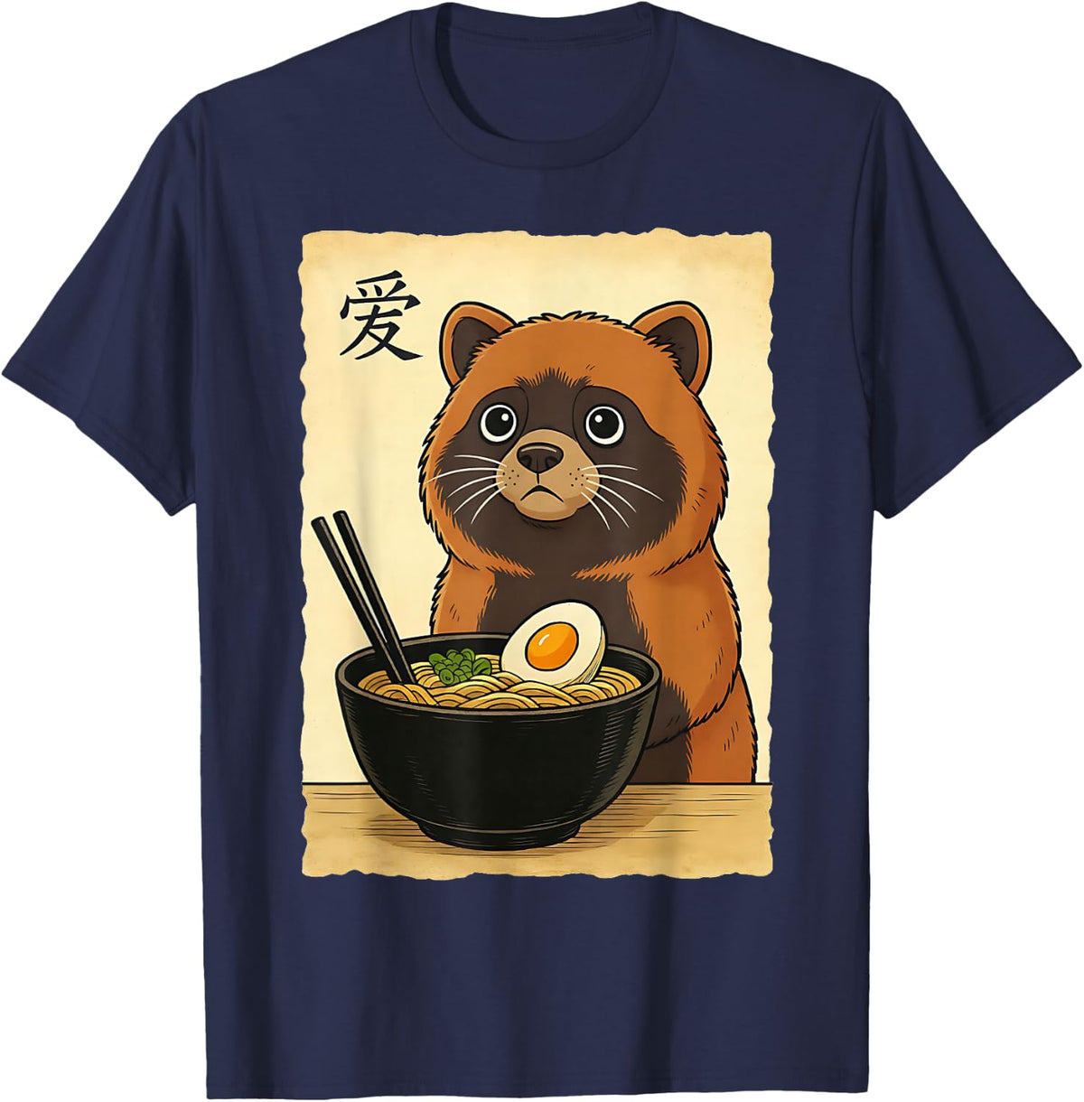Japanese Tanuki Ramen Funny Tanuki Eating Noodles Anime T-Shirt - Navy Blue
