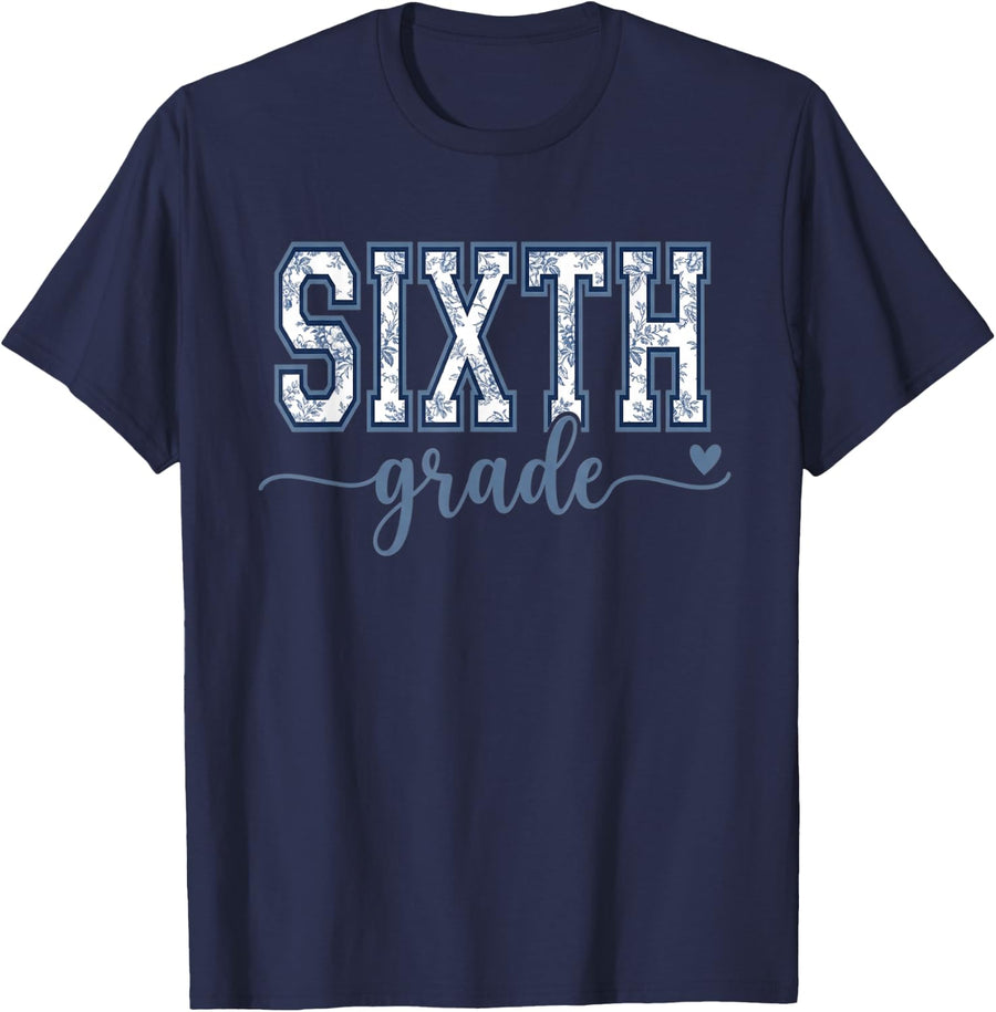 Sixth Grade Back to School Floral Student Girls Teacher T-Shirt - Navy Blue